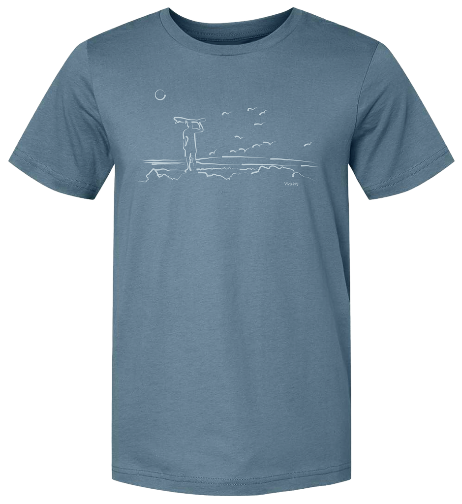 Hand drawn men’s premium graphic tee shirt with a man holding a surf board