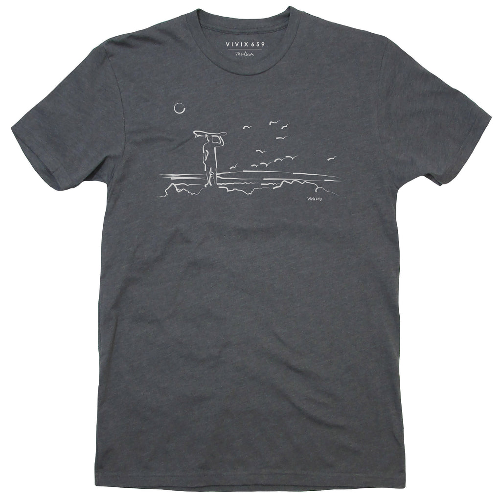 Hand drawn art work of a man looking at the ocean’s view on a men’s tee shirt