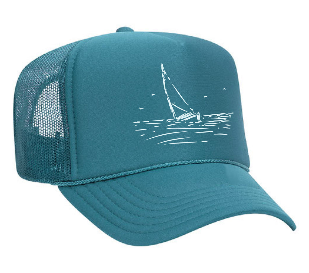 Hand drawn sail boat on water on a foam hat for men and women