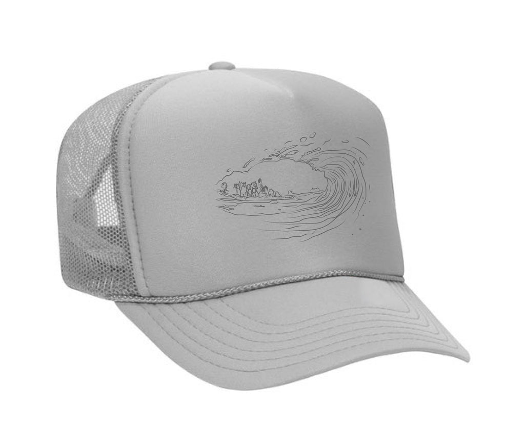 Rich silver hat with a hand drawn wave on a premium foam mesh hat