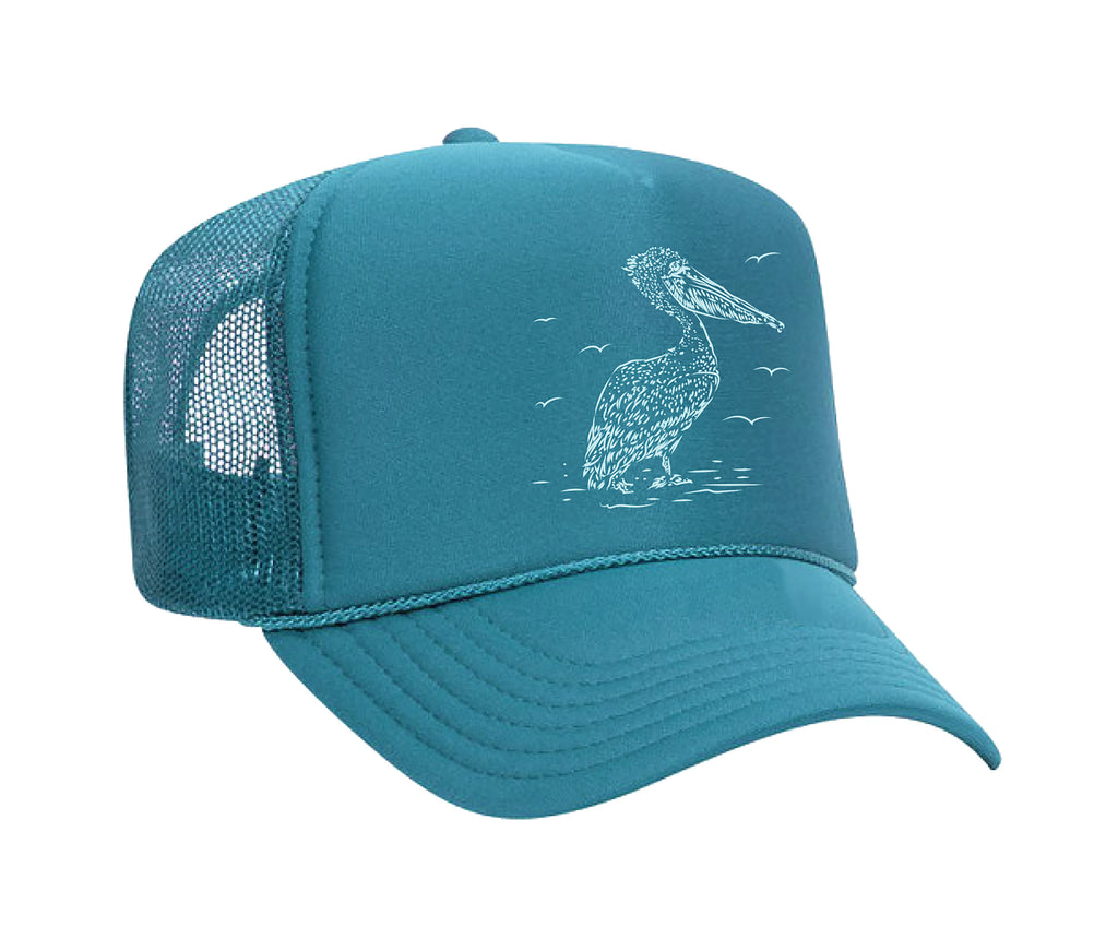 Beautiful, hand drawn pelican on a unisex mesh hat