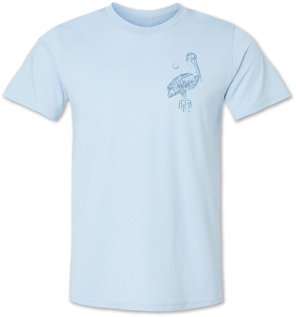 Detailed and unique hand drawn pelican design on a men’s tee shirt