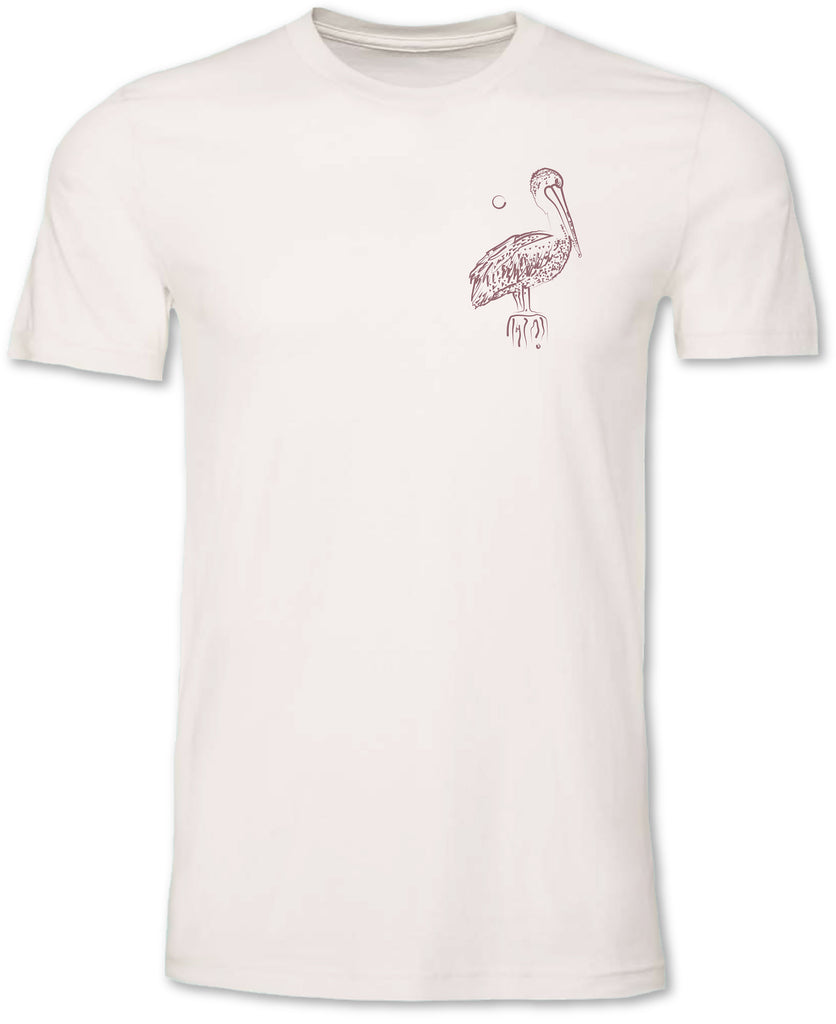 Chest print of a pelican on a men’s premium tee shirt