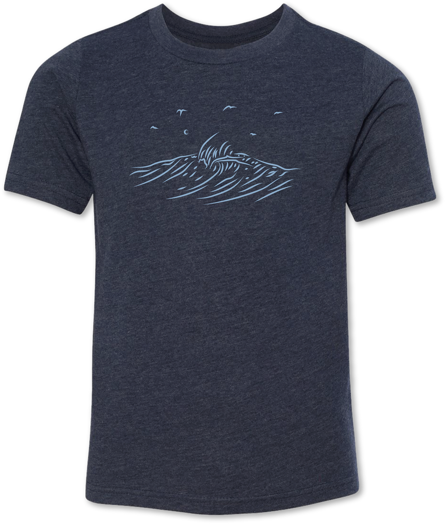 Hand drawn rendition of a crashing wave on a kid’s tee shirt