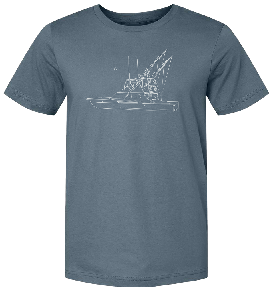 Premium unisex tee shirt with a hand drawn ocean boat printed on the front