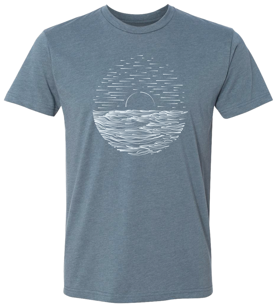Beautiful rendition of a sun reflecting on the water on a premium tee shirt