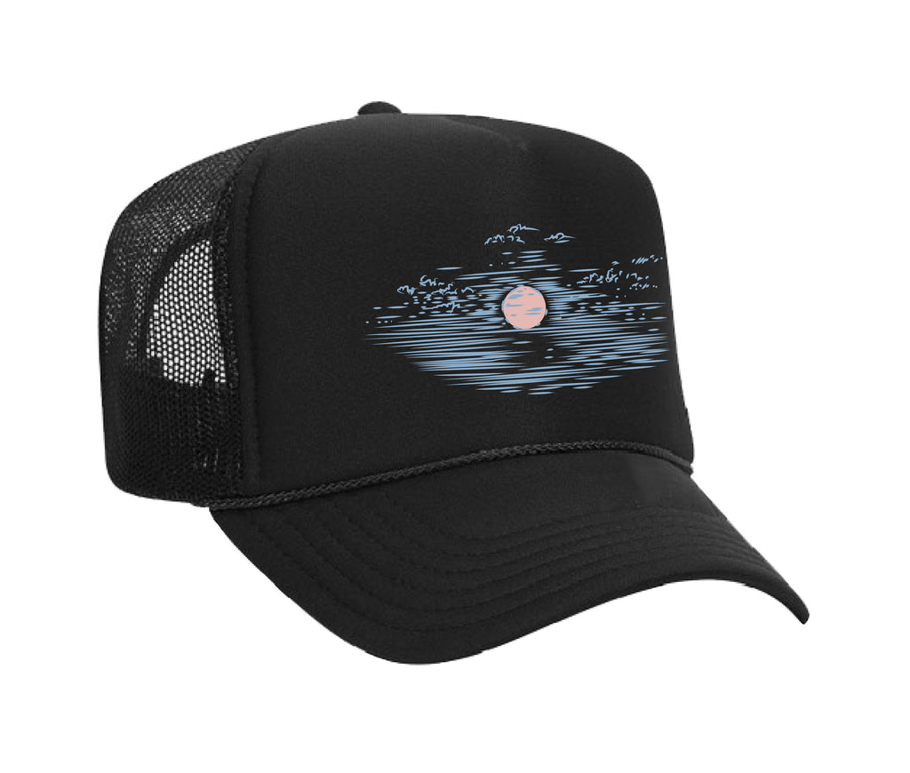 Hand drawn skyline design on a foam front mesh trucker hat for men and women