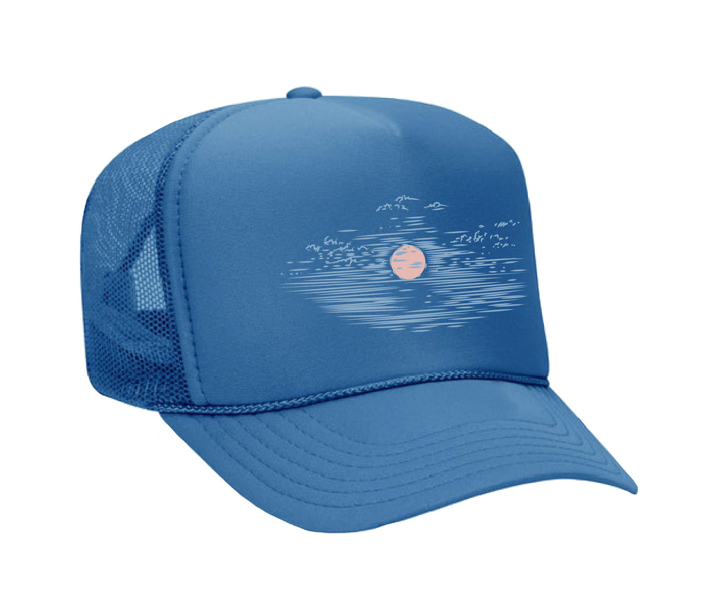 Bright skyline design on a unisex mesh hat