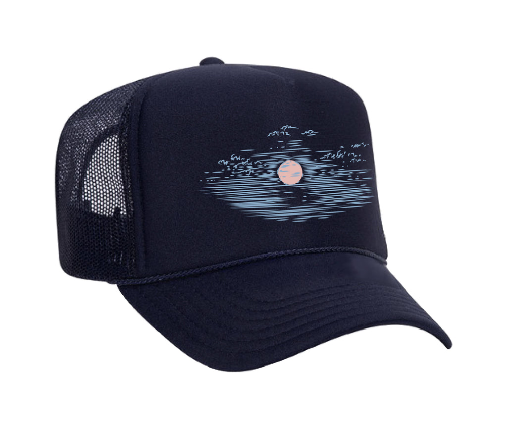 Skyline design on a men’s and women’s foam front trucker hat