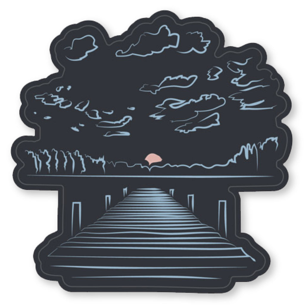 Easy peel sticker of a hand drawn dock with clouds and the sun