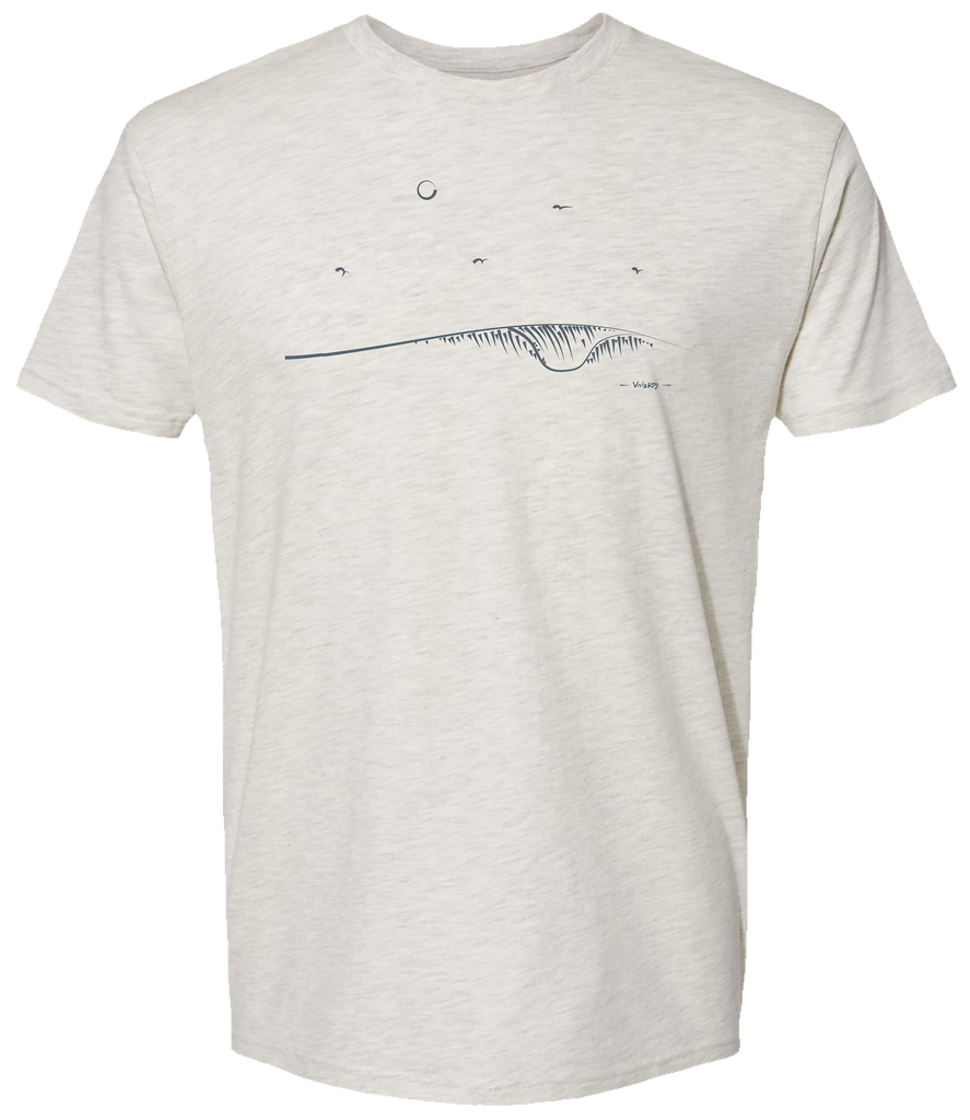 Unisex tee shirt with a hand drawn rendition of a wave