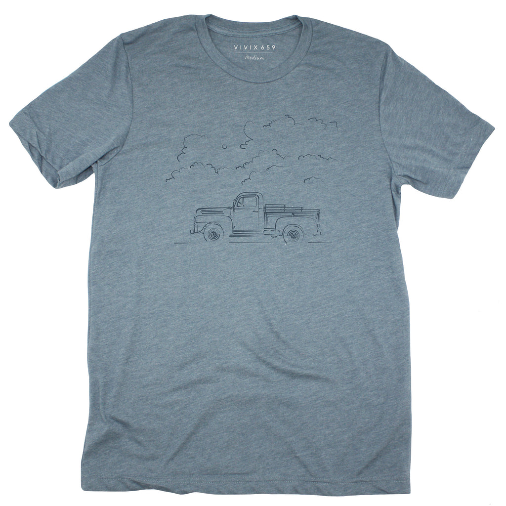 Artistic rendition of a vintage truck on a men's tee shirt