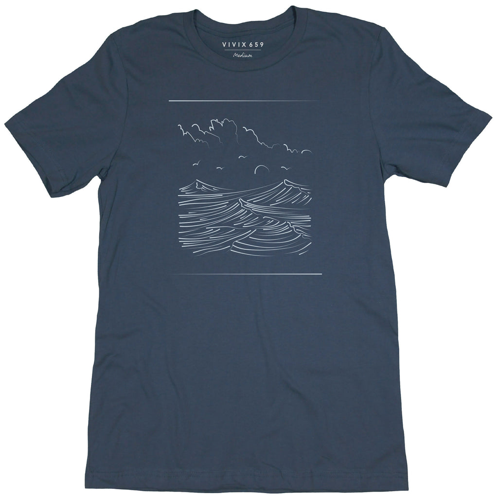 Hand drawn ocean inspiration artwork on a men’s tee shirt