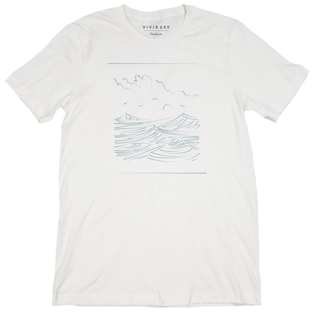 Men’s hand drawn waves, clouds and sun on a men’s tee shirt