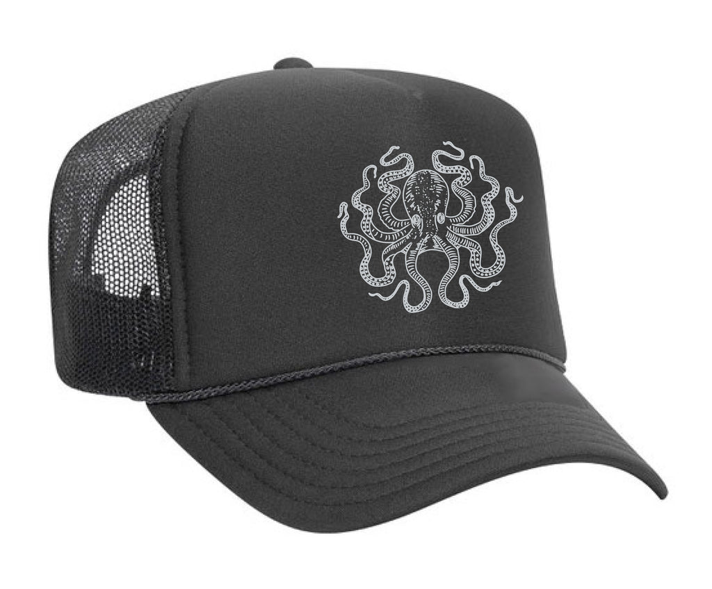 Mesh trucker hat for men and women with a hand drawn octopus