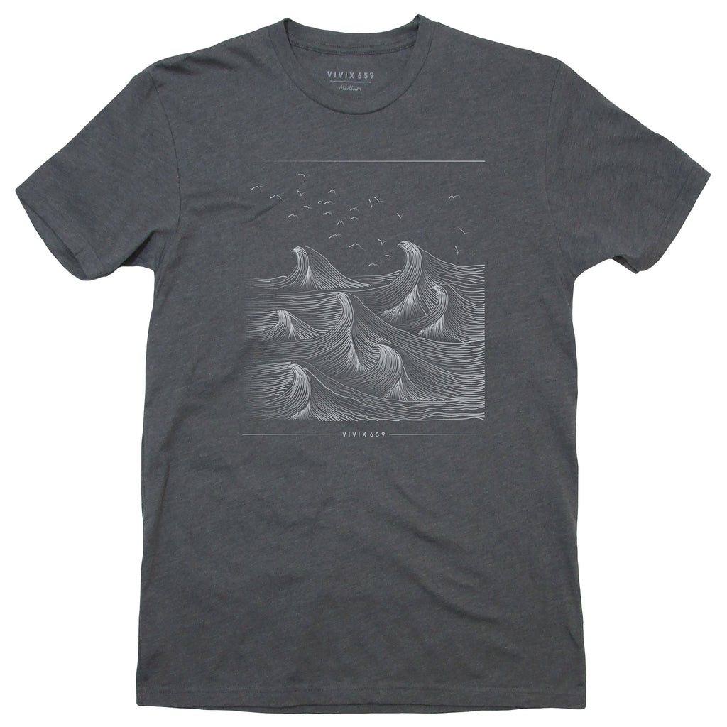 Artistic rendition of waves on a men's tee shirt