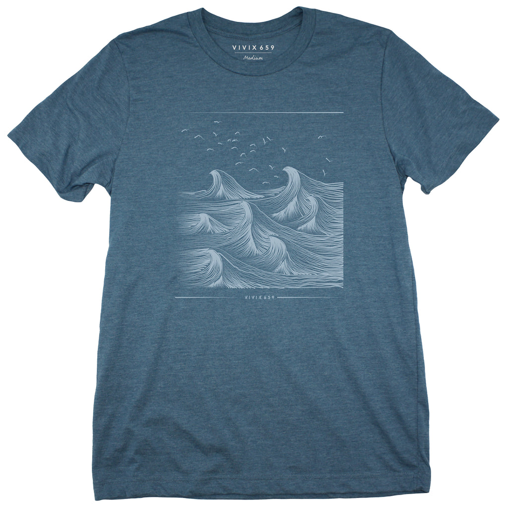 Realistic wave drawing on a unisex tee shirt