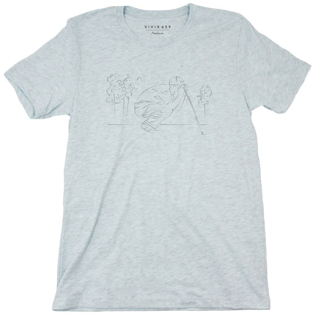 Artistic rendition of a man playing golf on a tee shirt