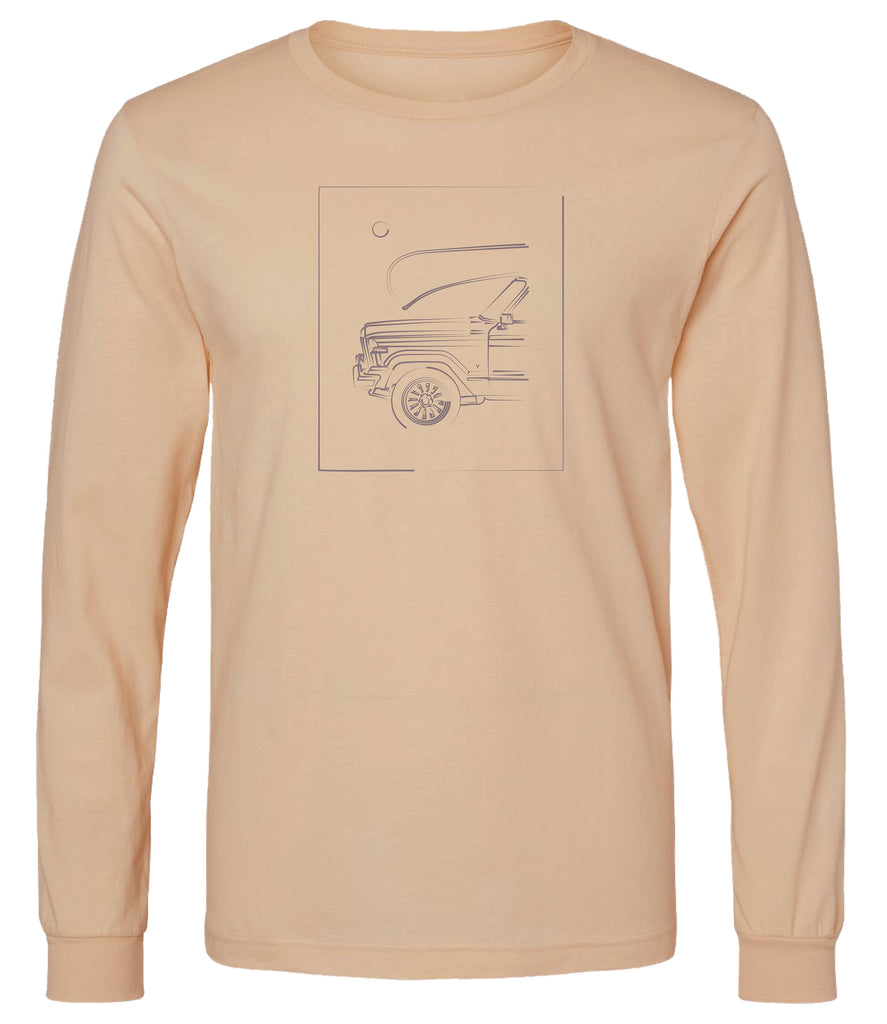 Rustic art work of a jeep with a canoe on a premium long sleeve tee shirt