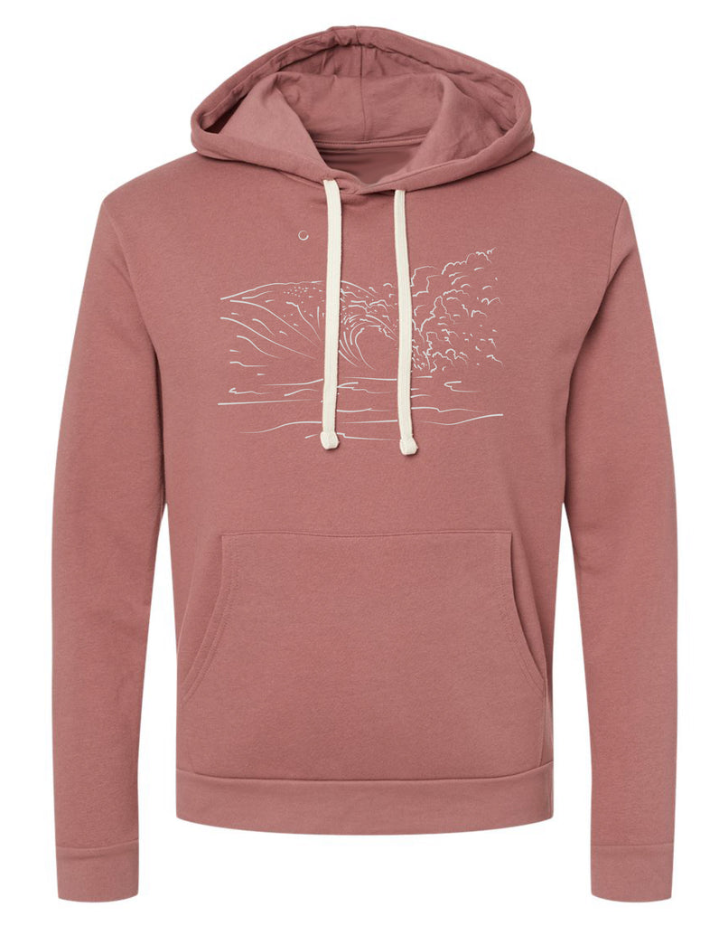 Handsome hand drawn artistic rendition of waves crashing on a hooded sweater