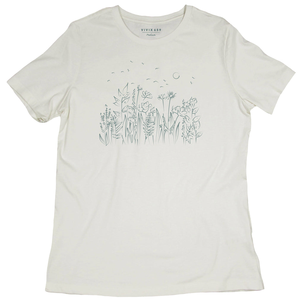 Hand drawn women’s tee shirt with flowers and plants and meadows