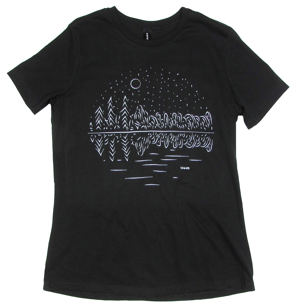 Women's tee shirt of a lake with trees reflected on the water