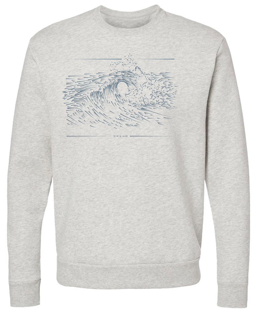 Hand drawn rendition of crashing waves on a premium crew neck fleece sweater