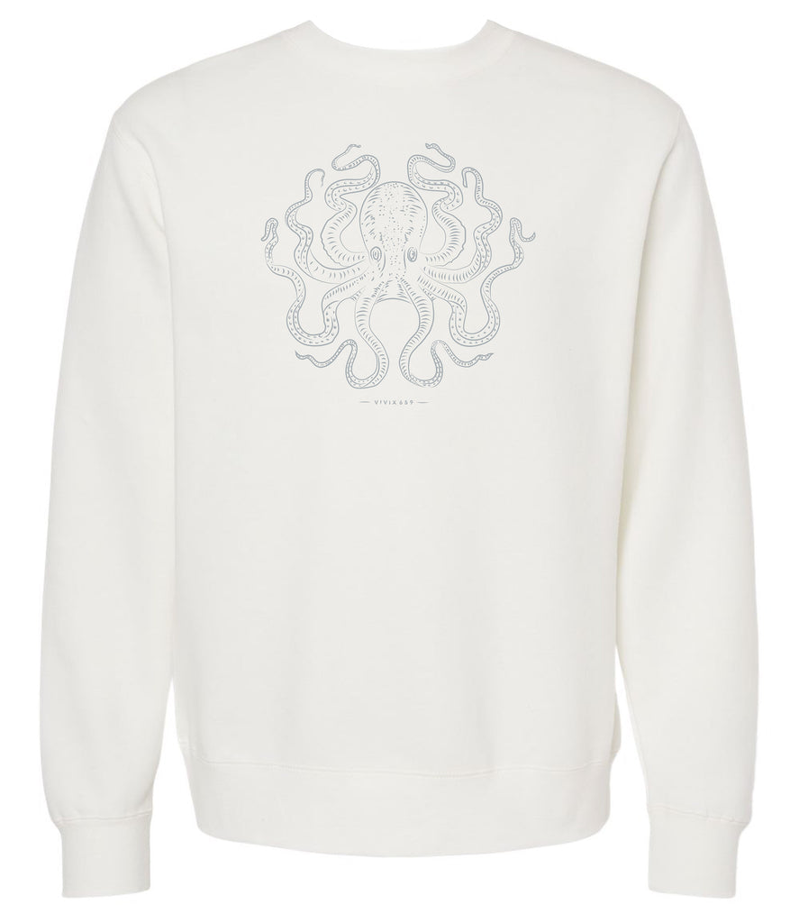 Pigment dyed crew neck sweater of a hand drawn octopus