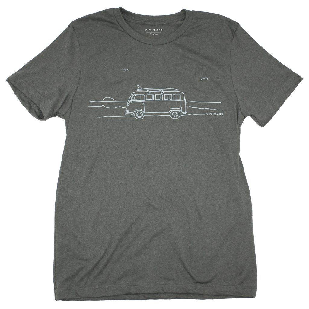 Hand drawn rendition of a VW Bus on a men's tee shirt