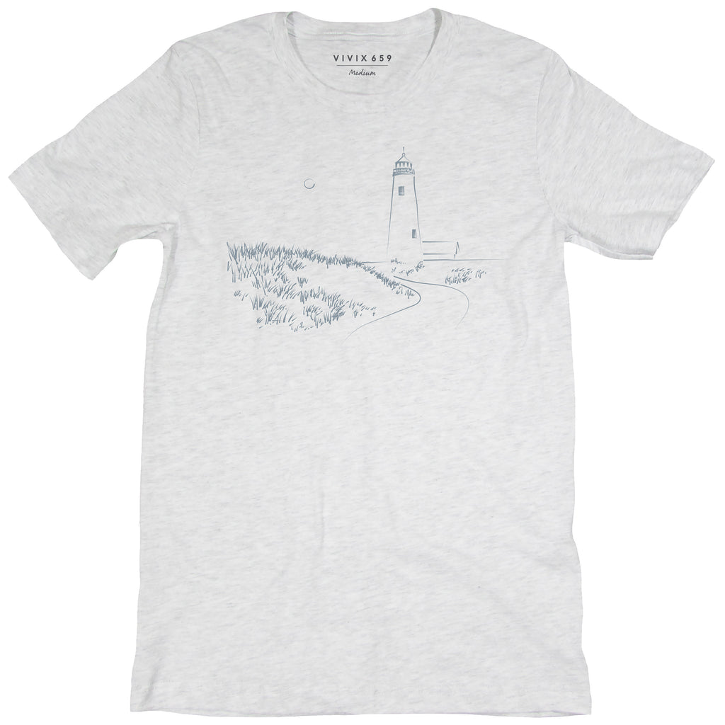 Beautiful hand drawn lighthouse and grounds on a men’s tee shirt