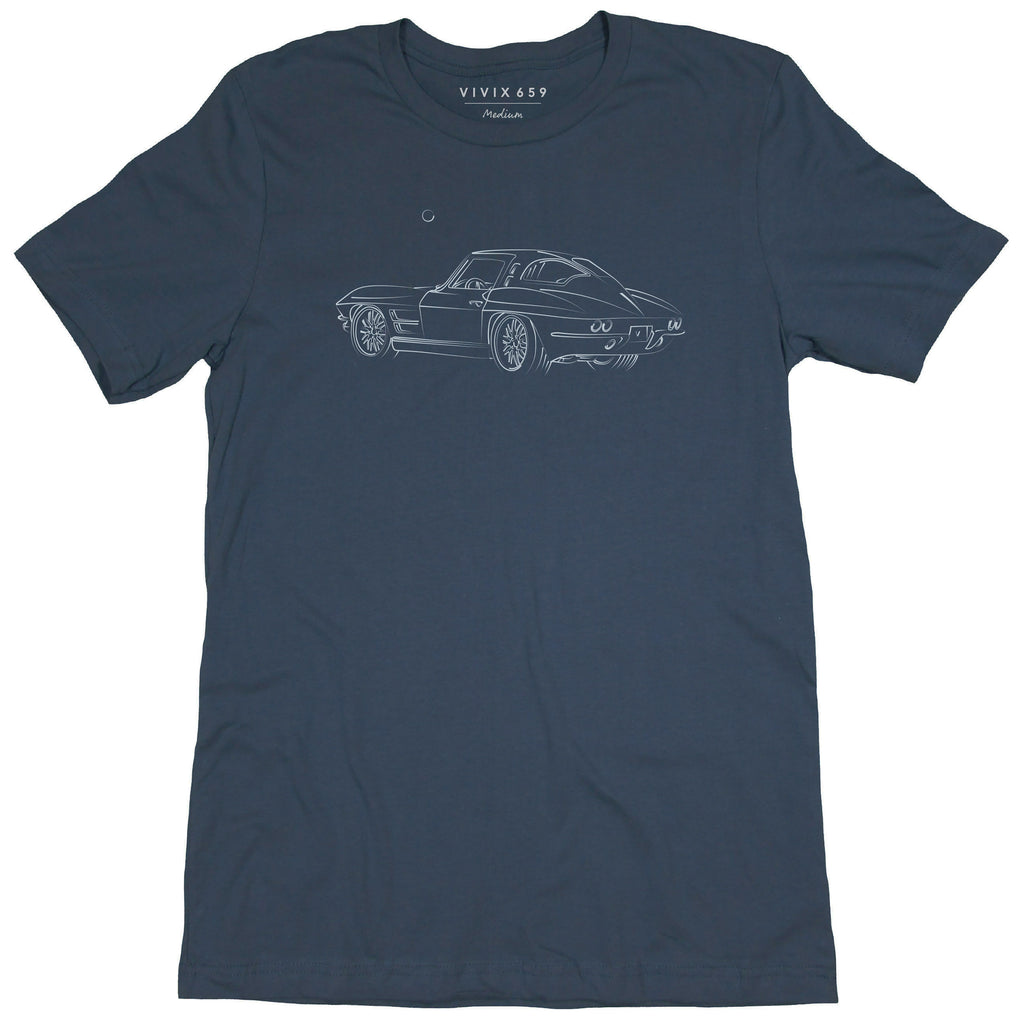 Artistic rendition of a classic Corvette Stingray on a men’s tee shirt 