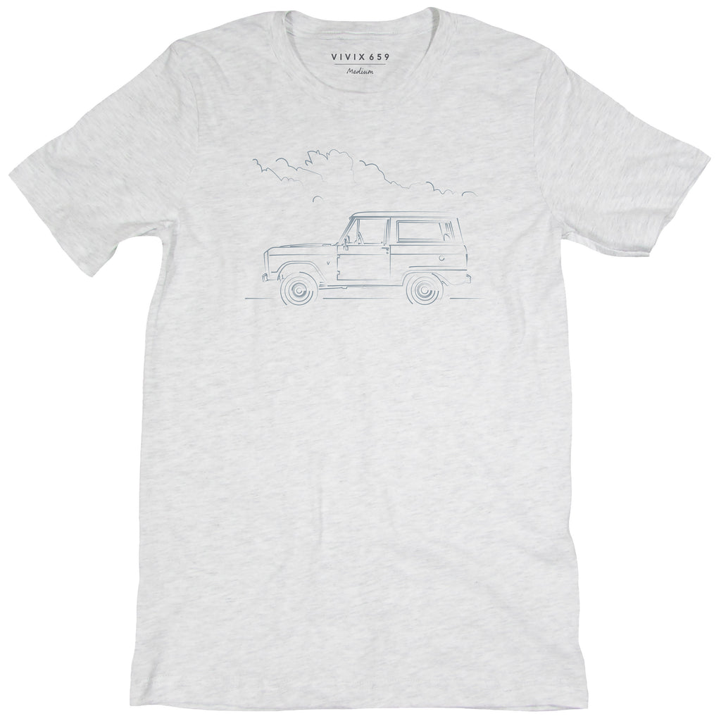 Artistic rendition of a Ford Bronco on a men’s short sleeve tee shirt