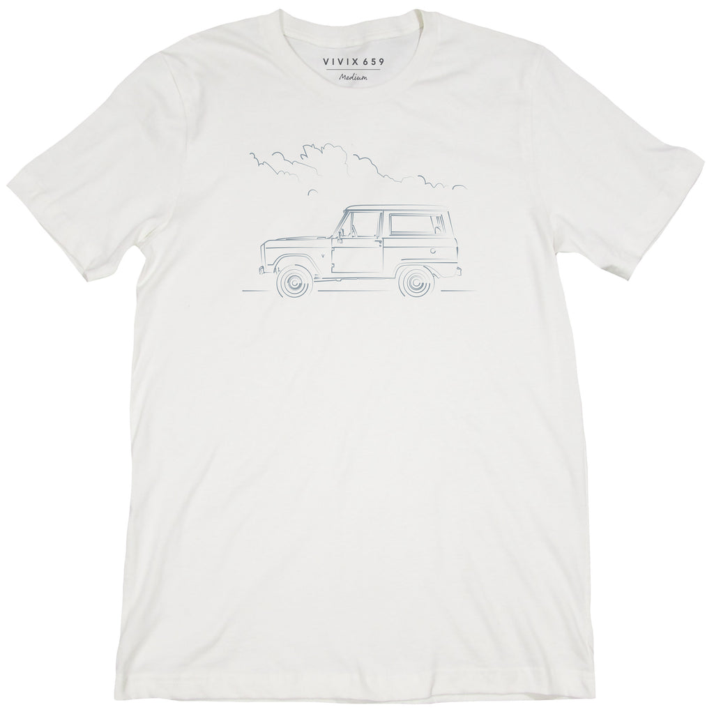 Hand drawn version of a vintage Ford Bronco on a men’s tee shirt