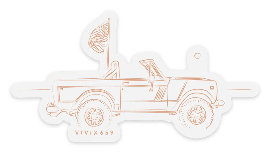 Hand drawn, premium sticker of a aFord Bronco with American flag flying 