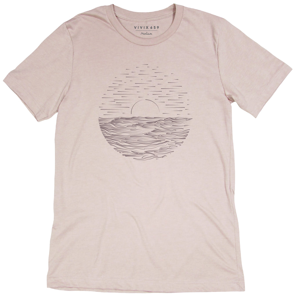 Hand drawn sun and water scene printed on a unisex tee shirt