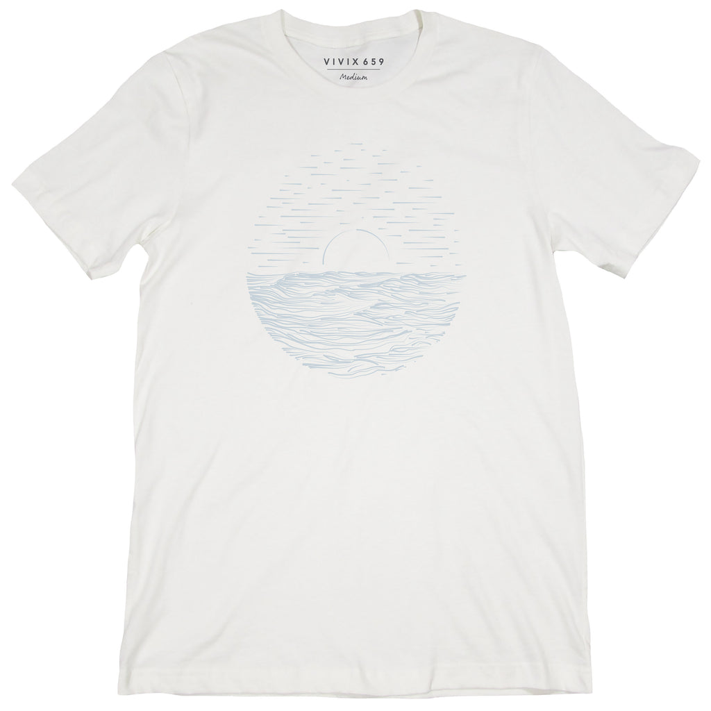 Premium men’s tee shirt with a subtle print of a sun reflecting on the water 