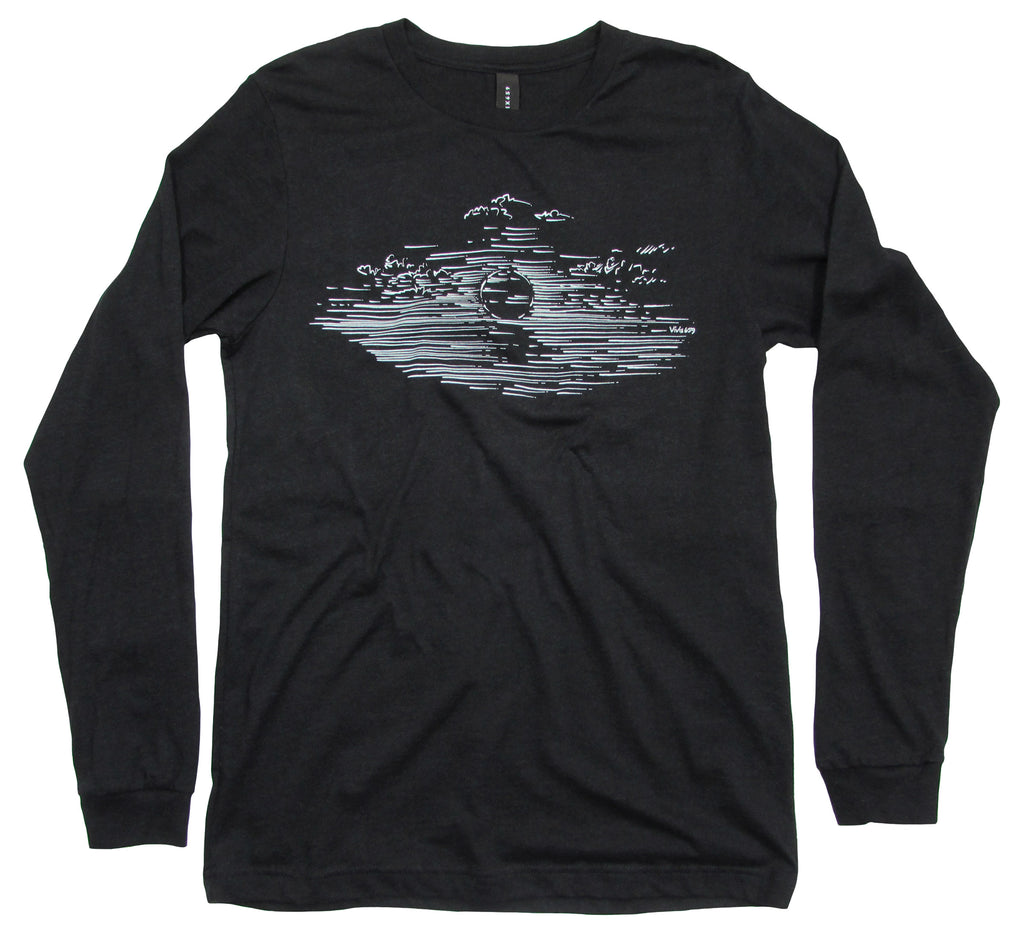 Men’s long sleeve tee shirt with a graphic sun and clouds design