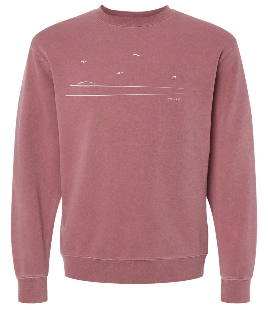 Pigment dyed crew neck sweater with a hand drawn rendition of a shore line