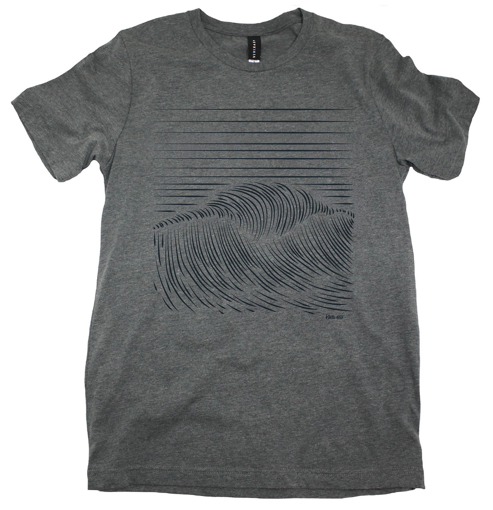 Hand drawn tee shirt featuring a large wave with details and dimension