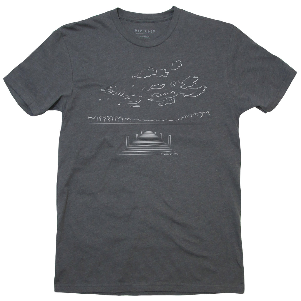 Handsome hand drawn dock on a lake design on a premium tee shirt 